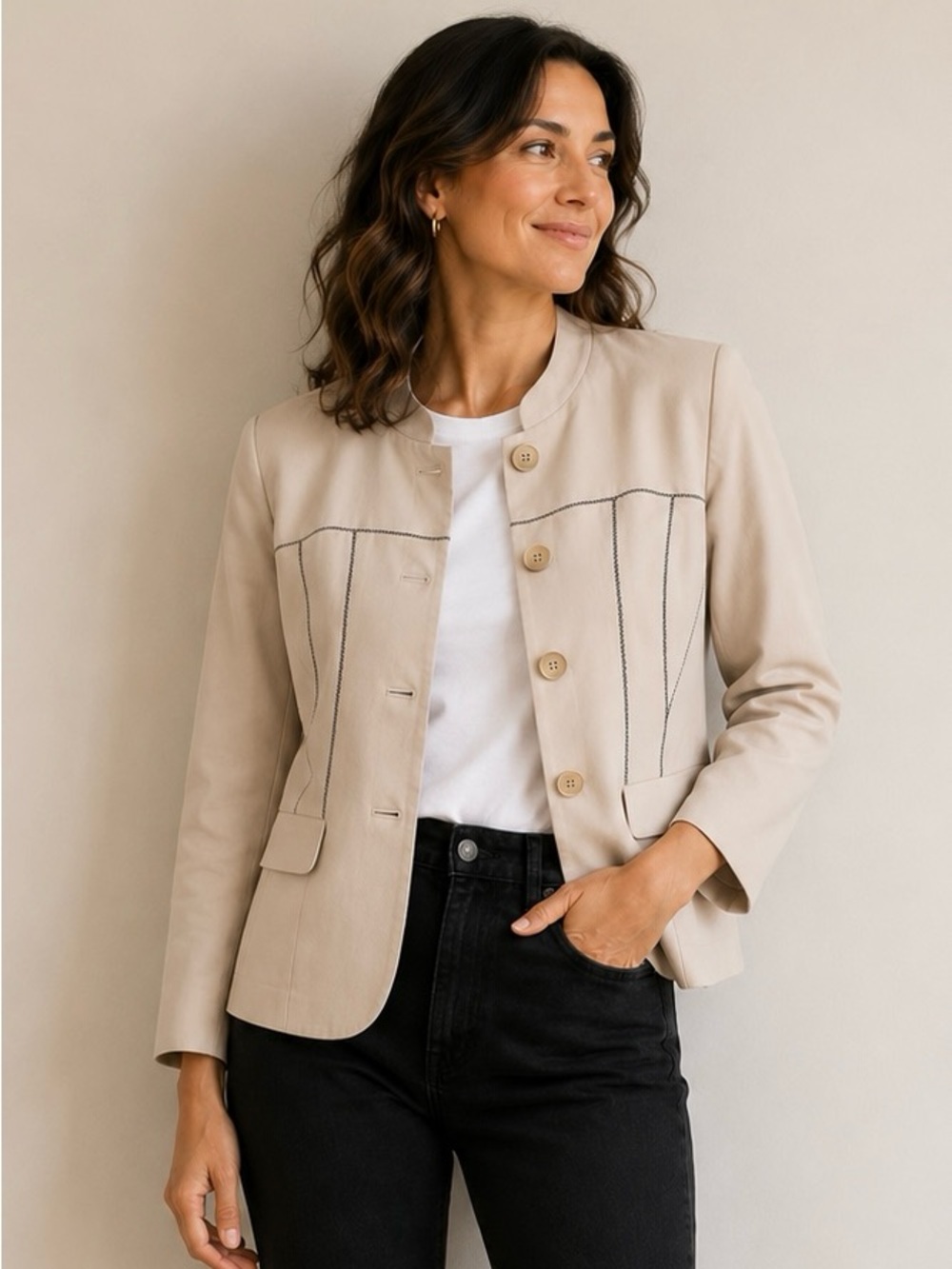 Lafayette 148 New York Cream Button-Front Cotton Blend Laser Cut Blazer